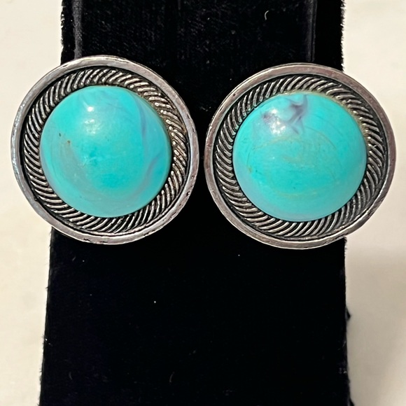 Vintage Large round Turquoise silver clip earrings - Picture 1 of 2
